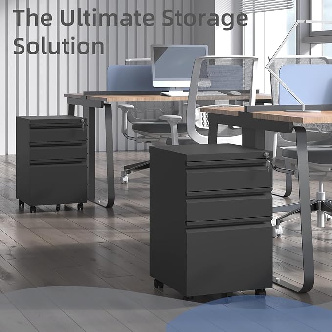 Filing Cabinets for Home Office, Mobile File Cabinet with Lock, 3 Drawer Filing Cabinet for A4/Letter/Legal Size Folder, Fully Assembled Except Casters, Matte Black