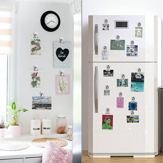 FINDMAG 48 Pack Magnetic Clips for Photo and Picture Display, Strong Scratch-Free Fridge Magnets, Heavy Duty Metal Clips for Picture Hanging, Kitchen, Office, Whiteboard, Silver.