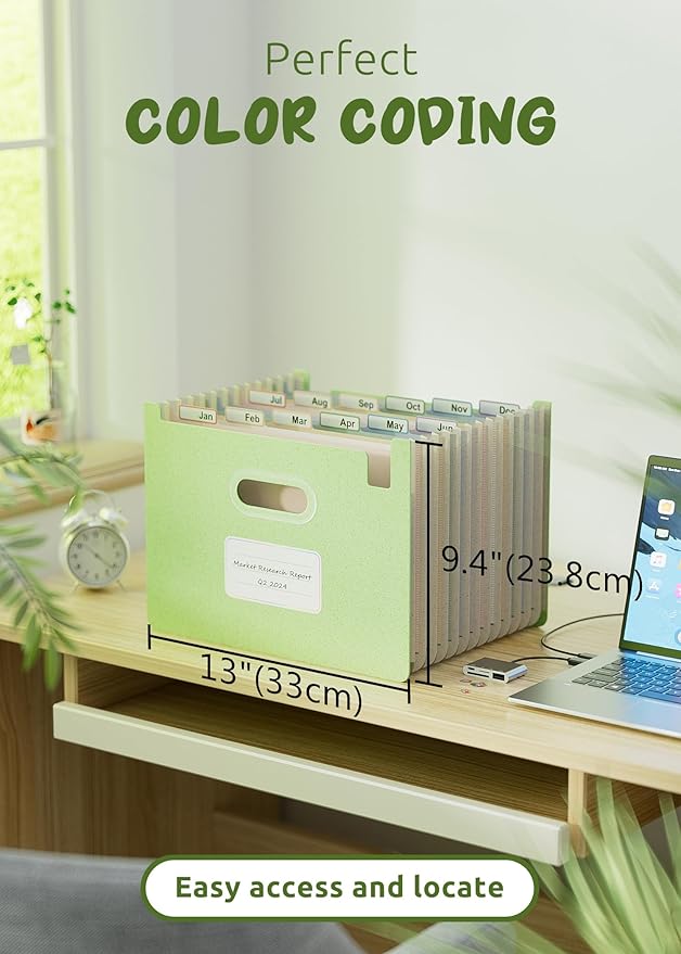 Accordion File Organizer, 12 Pockets Wheat Straw Expanding File Folders, Upright & Open Top, Monthly Bill Receipt Organizer, 100% BPA Free, Return to Nature, Healthy Living, Letter/A4 Size-Mint Green