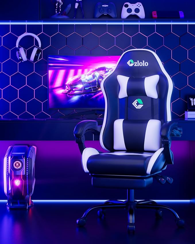 Gaming Chair, Ergonomic Office Computer Chair with Footrest and Lumbar Support Massager Racing Style High Back Video Gamer Chair, Wide&Thick Cushion, 90°-135° Recline, Adjustable Height, White