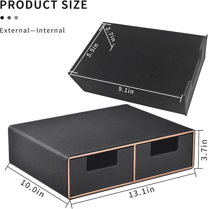 Linen Leather Desk Organizer and monitor stand with Drawers-Mini Desktop Drawer Organizer Stackable-Tabletop Organization Storage Box for Office Supplies Home Vanity Toiletries (Black, 2-drawers)