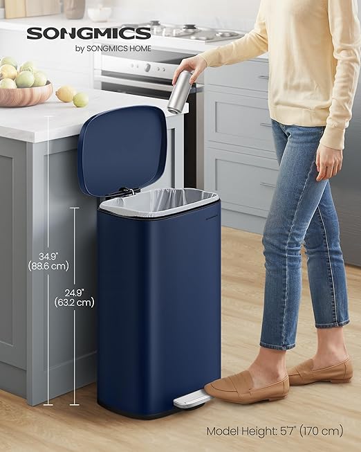 SONGMICS 13 Gallon (50 L) Trash Can, Stainless Steel Kitchen Garbage Can, Recycling or Waste Bin, Soft Close, Step-On Pedal, Removable Inner Bucket, Midnight Blue ULTB050L01