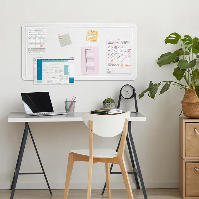 Bulletin Board, 35 x 17 1/2 inches Felt Board - Decorative Pin Board, Cork Board Alternative for Wall, Foldable Picture Board Self-Adhesive Vision Board Prayer Board with 20 Pushpins - White