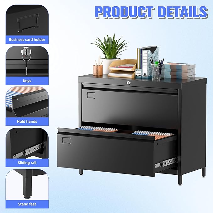 Metal 2 Drawer Lateral File Cabinet with Lock & Adjustable Feet - Wide Filing Cabinet for Letter/Legal/F4/A4 Hanging Files - Includes Business Card Holder,Home Office School Storage,Black