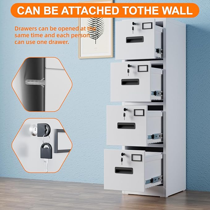 4 Drawer File Cabinet with 4 Independent Locks, Metal Vertical Filing Storage Cabinet for Home Office with Card Holder for Letter/Legal/A4 Folders, Assembly Required, 4 Drawers, White