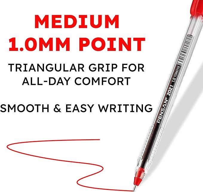 Red Ballpoint Pens,1.0 mm Medium Point, Red Pens, Ergonomic Triangle Grip, 50-Count Pack of Bulk Pens