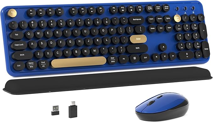 Colorful Wireless Computer Keyboard and Mouse Combo with Round Typewriter Keycaps, Retro Design, Power Switch, Ergonomic Design, 2.4GHz Wireless for Windows, Mac, PC(Black-Blue)