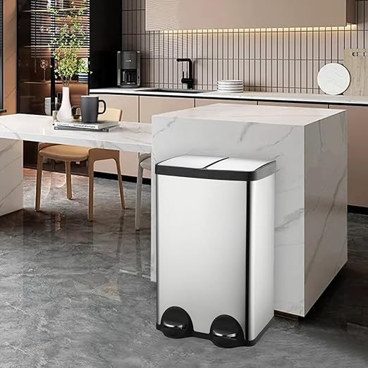 Dual Trash Can, 60 Liter/16 Gallon Dual Bin Trash Can with Lids, Kitchen Trash Can Dual Compartments, Trash and Recycling Bin Combo, Hands-Free Stainless Steel Kitchen Trash Can
