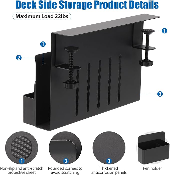Desk Side Storage, Under Desk Laptop Mount, Table Side Hanging File Organizer, No Drill Clamp On Cable Management Tray, Laptop Holder with Magnetic Pen Holder for Office and Home(Black)