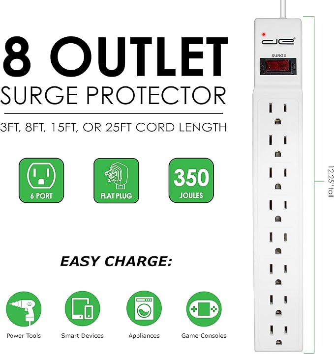Digital Energy 15 FT 8 Outlet Surge Protector Power Strip - 15 AMP, 1875 W, 125 V, 350 J Surge Protection, ETL Listed - Flat Plug, White