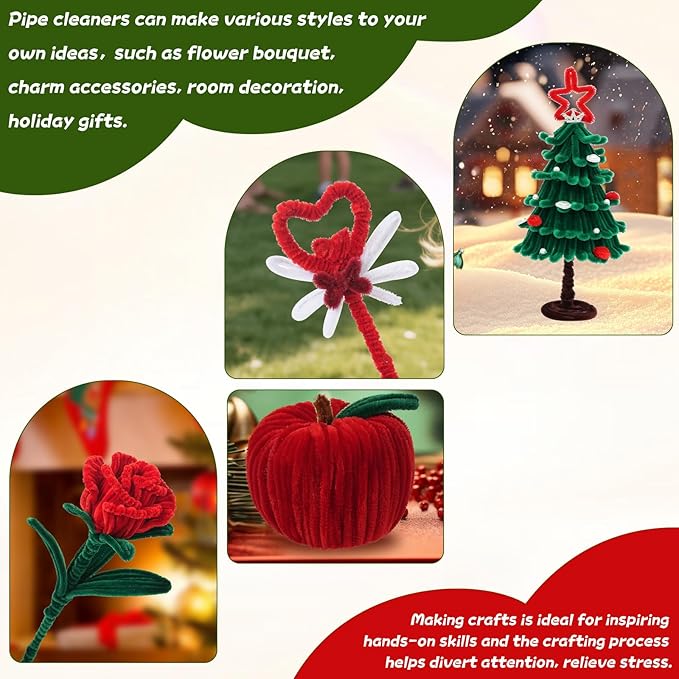 400 Pcs Red Pipe Cleaners for Crafts, 4 Colors Chenille Stems Bulk with Floral Wires, Gardening Tape,Hot Glue Stick,Greeting Card,Bouquet Paper, Pearl & Ribbon, Flowers Craft kit for Christmas