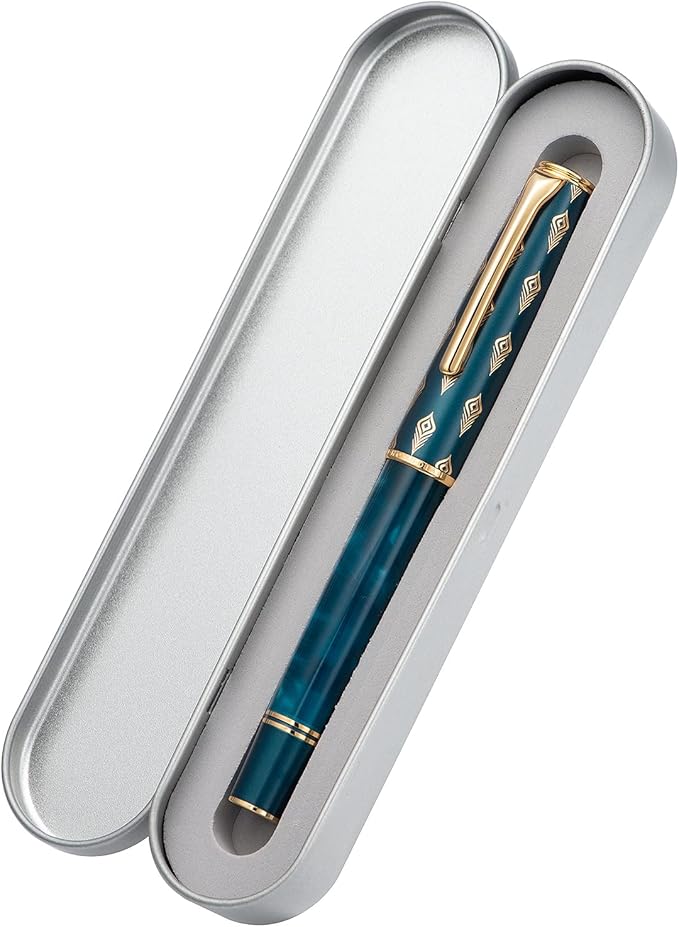 Hongdian N7 Blue Peacock Resin Piston Fountain Pen, Iridium Long Blade Fine Nib Classic Pen, Smooth Writing Pen with Metal Box