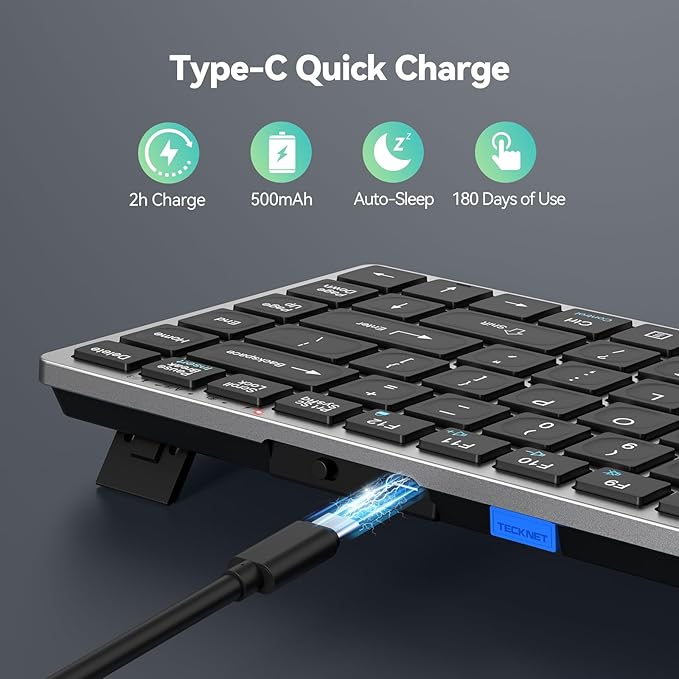 TECKNET Bluetooth Keyboard Rechargeable, 4-Device (2.4G+3BT) Wireless Keyboard, Ultra-Slim Quiet Typing, 14 Hotkeys Computer Keyboard for PC/Laptop/Smart TV/Tablet