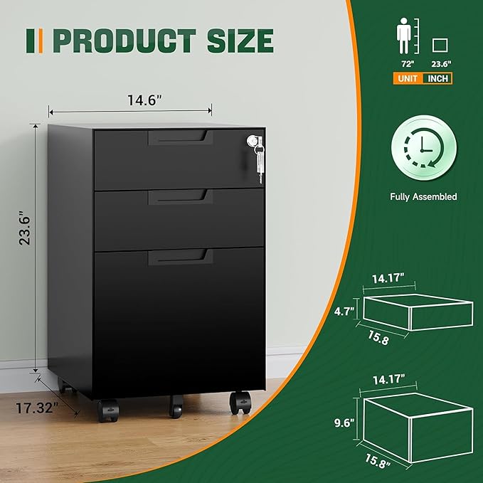 Letaya 3 Drawer Mobile File Cabinet with Lock,Under Desk Metal Small Filing Cabinets for Home Office Organizer Letters/Legal/A4(Fully Assembled Except Wheels-Black)