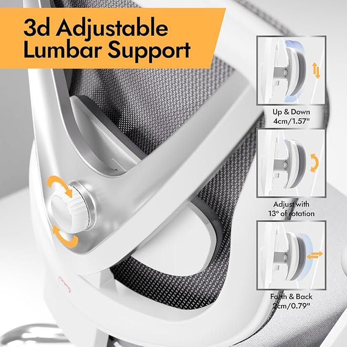 Ergonomic Mesh Office Chair - 3D Adjustable Lumbar Support & 3D Armrests, V-Shaped Back, Adjustable Desk Chair for Office & Home, White