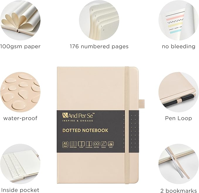 &And Per Se Bullet Dotted Journal Notebook, A5 Leather Hardcover, 176 Numbered Pages 100GSM Thick Dotted Paper, 2 Sheets of Stencils Included - 5.7'' x 8'' (Light Apricot)