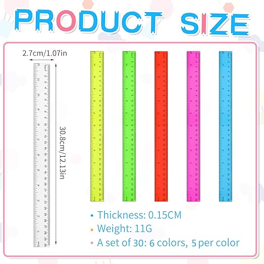 Zonon 30 Pcs 12 Inch Plastic Ruler Assorted Colors Ruler Bulk with Centimeters Millimeter and Inches Rulers First Day of School Gift for Kids School Classroom Office Supplies(Bright Color,Plastic)