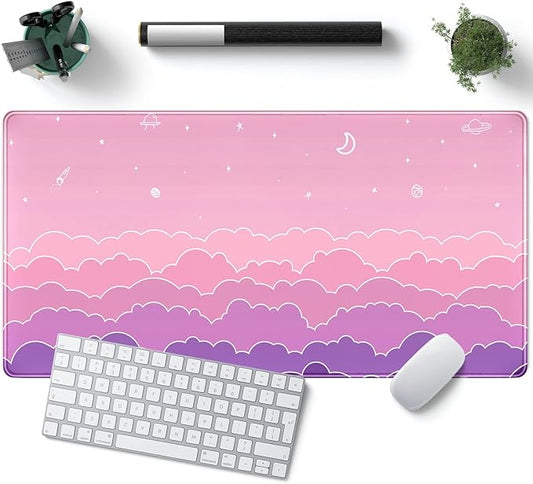 Kawaii Mouse Pad Desk Gaming Accessories Cute Clouds XXL Mouse Pad Pink Anime Office Decor Desk Mousepad Large, 31.5x15.7in Extended Keyboard Mousepad for Desk Girl with Stitched Edges Non-Slip