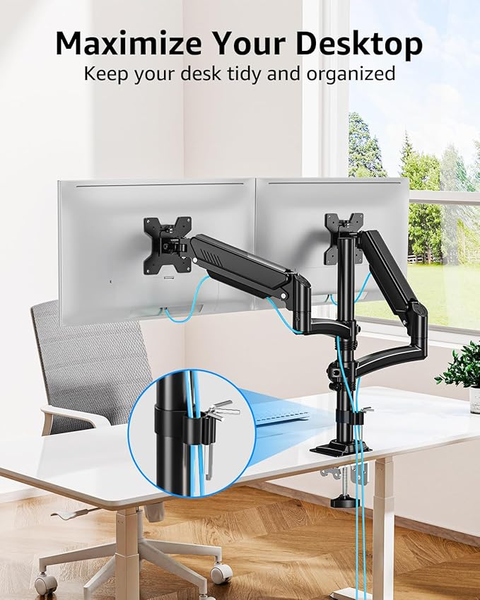 Dual Monitor Stand Holds 4.4-22 lbs Each, Dual Monitor Mount Height up to 26.6 inch, Gas Spring Monitors Arm for Max 32 inch Computer, VESA Mount with C-clamp & Grommet Mounting, Freelift Black