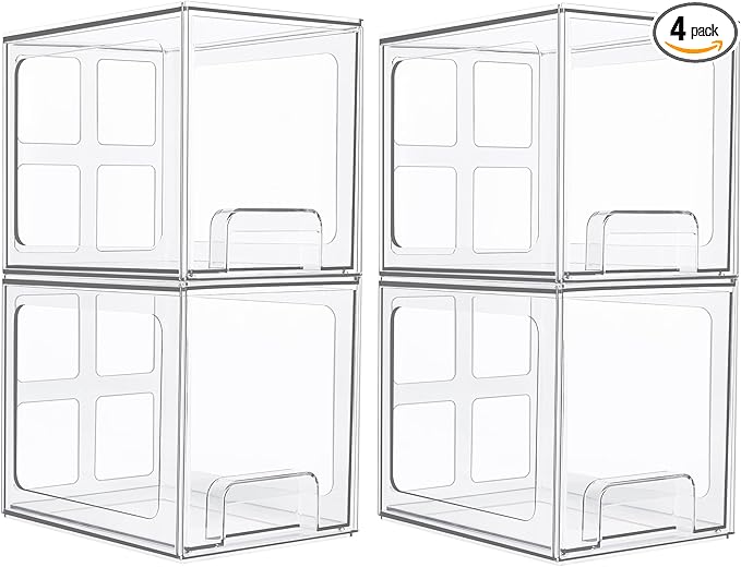 Vtopmart 4 Pack Stackable Storage Drawers, 6.6''Tall Acrylic Bathroom Makeup Organizers,Clear Plastic Drawers For Vanity, Undersink, Kitchen Cabinet,Pantry Organization and Storage