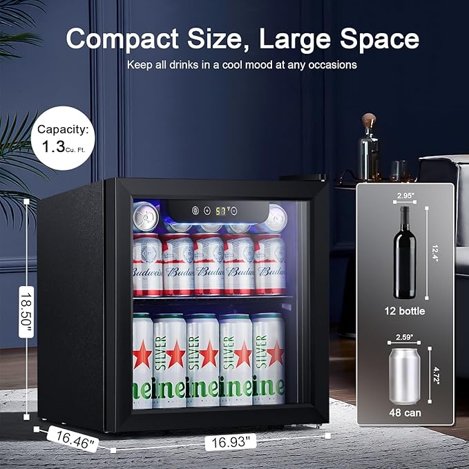 Antarctic Star Mini Fridge Cooler - 12 Bottle 48 Can Beverage Refrigerator Glass Door for Drinks or Beer Wine –Small Drink Dispenser for Home, Office or Bar, Electronic Temperature Control,1.3cu.ft.