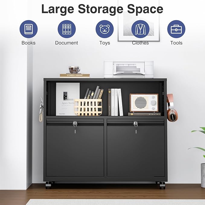 Metal File Cabinet,2 Drawer Filing Cabinet with Lock,Rolling Printer Stand Storage Cabinets with Shelves for Home Office Letter/Legal/A4 Size Files(Black)