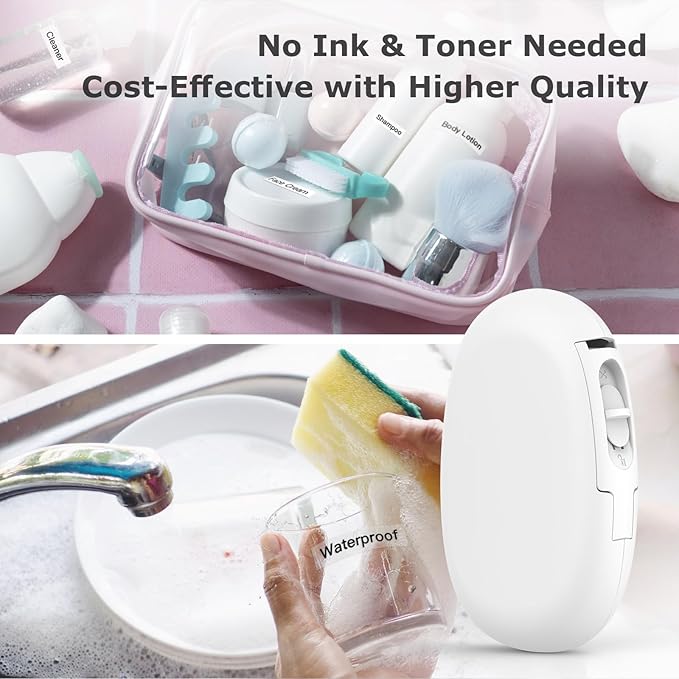SUPVAN E10 Bluetooth Label Maker Machine with Tape, Continuous Waterproof Label, Versatile App with 35 Fonts and 1k+ Icons, Inkless Labeler for Home, Kitchen, School, Office Organization, White