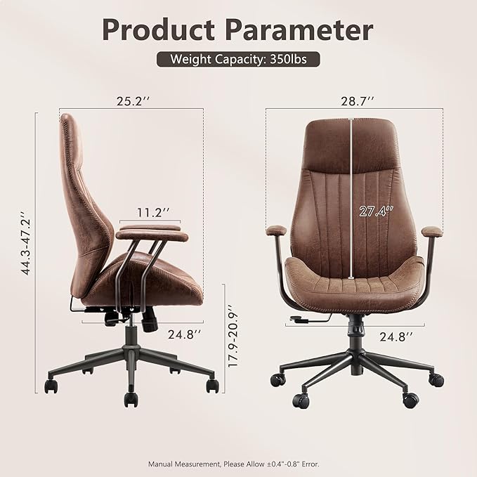 Mid Century Modren Office Chair - High Back Swivel Executive Chair with Lumbar Support,Ergonomic Computer Desk Chair with Wheels,Faux Lether Suede Task Chair,350lbs(Dark Brown, High Back)