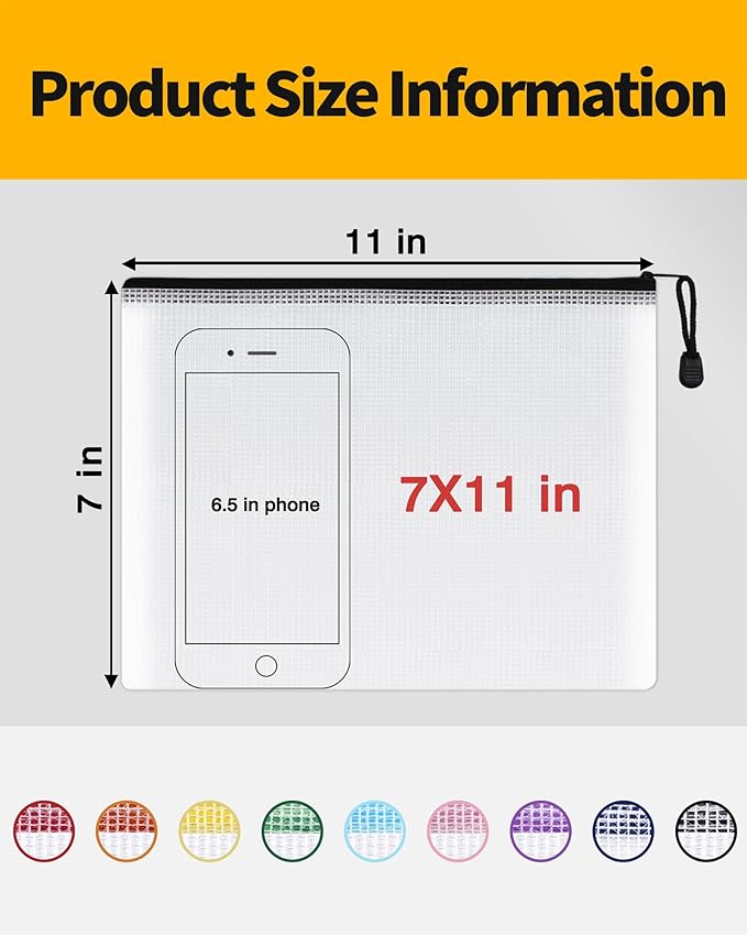 SUNEE Plastic Mesh Zipper Pouch 7x11 in (9 Colors, 18 Packs),Extra Large Water-Resistant Zip Bag for School Office Supplies, Puzzles & Games Organizing Storage