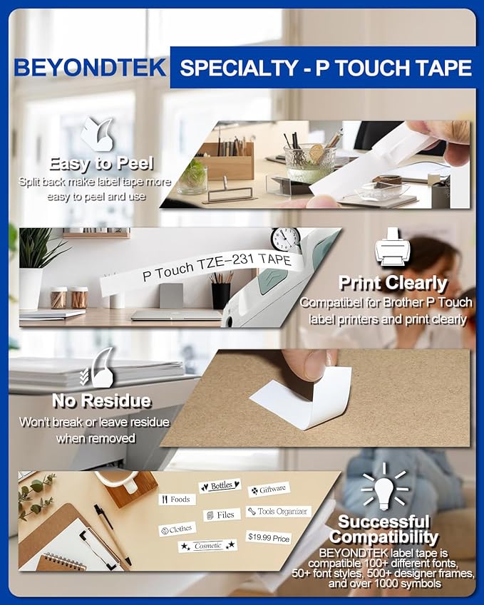 TZe-231 Replace for Brother Label Maker Tape TZ TZe Work with Brother P Touch Label Tape 12mm 0.47 Laminated White 1/2" P Touch Refill Black on White TZe-231 Cartridge for PT-H103w H110 D210 D220 1180