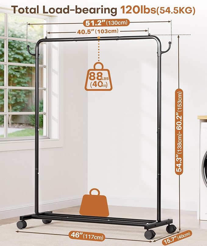 Homde Heavy Duty Clothes Rack: 120lb Standing Garment Storage for Indoor - Rolling Hanging Rod for Bedroom Laundry Room - Coat Dress Organizer on Wheels with luggage shelf (Black,46")