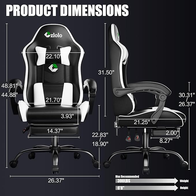 Gaming Chair, Ergonomic Office Computer Chair with Footrest and Lumbar Support Massager Racing Style High Back Video Gamer Chair, Wide&Thick Cushion, 90°-135° Recline, Adjustable Height, White