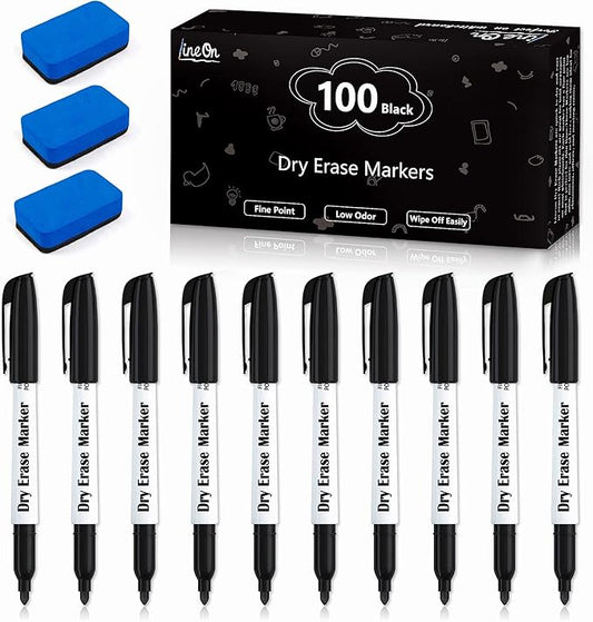 100 Bulk Pack Black Whiteboard Markers with 3 Erasers, Fine Point Dry Erase Markers Perfect For Writing on Dry-Erase Boards, Glass for School Office Home