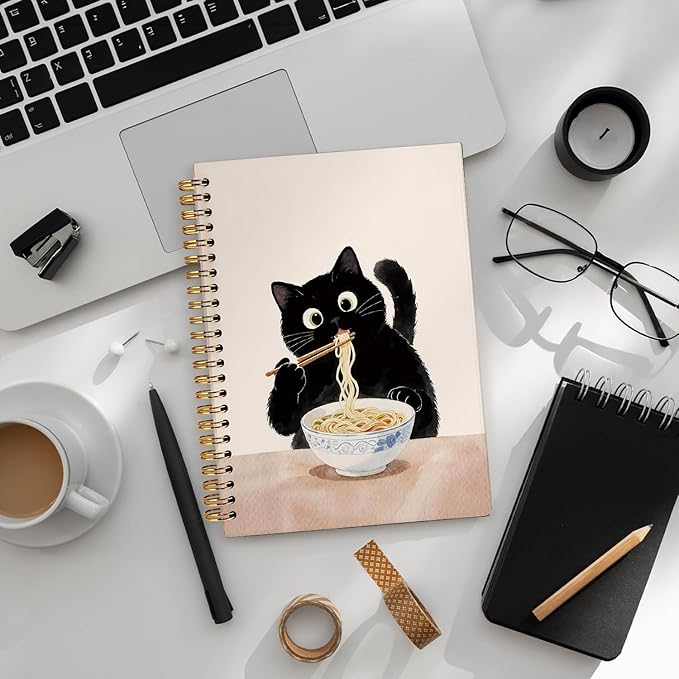 LIANHW Funny Black Cat Notebook, Cats Lover Gifts Notebooks for Note Taking, Cats Mom Lady Gifts Journal, Black Kitten Eat Noodles Journals for Writing, Cat Office Supplies, 5.5x8.3 Inch