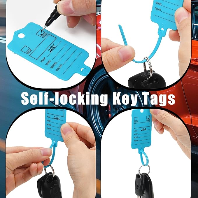 50 Car Key Tags with Labels Plastic Car Dealership Key Tags Self Locking Automotive Identifiers Blank Shop Labels with One Pen (Blue)