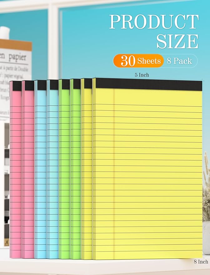Note Pads 5x8 Colored Legal Pads, 8 Pack Mini Legal Pads 5x8 College Ruled, Pink Notebook Paper Lined Note Paper, Colored Notepads 5 x 8 Pastel Notepad, Small Writing Pads Paper 5x7, 30 Sheets Each