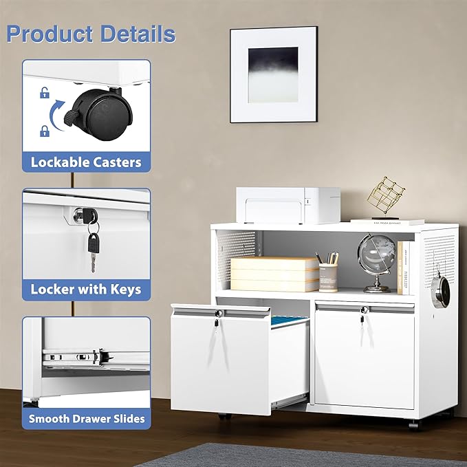 Metal File Cabinet,2 Drawer Lateral Filing Cabinet with Lock,Rolling Printer Stand Storage Cabinets with Shelves for Home Office Letter/Legal/A4 Size Files(White)