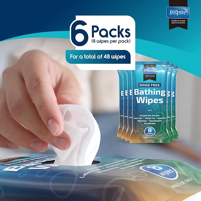 Inspire Rinse Free Body Wash Wipes | Bathing Wipes, Shower Wipes | Extra Large Adult Wipes With Aloe | Cleansing Adult Wipes | Body Wipes For Women And Men | Disposable Washcloths For Adults Bathing