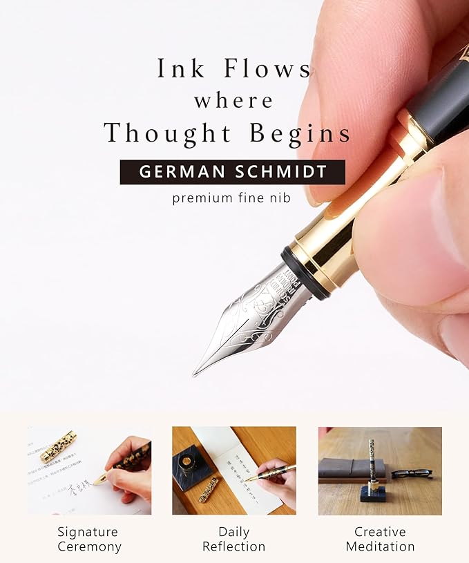Luxury Fountain Pen Set With Stand - Museum Art Collections - Crafting Timeless Beauty - the Best Gift & Office Desk Decor, German SCHMIDT Fine Nib, Solid Metal & Marble Texture