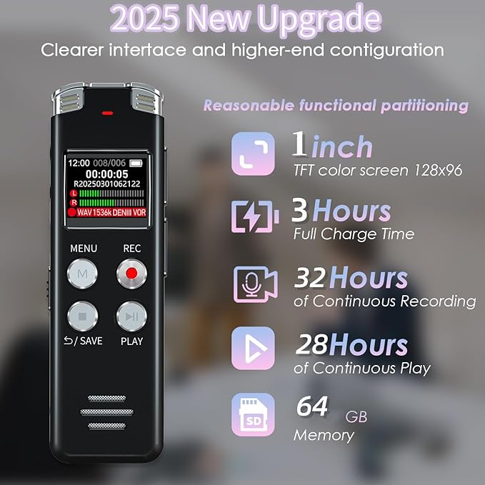 64GB Digital Voice Recorder with Playback: Voice Activated Recorders for Lectures Meetings Interviews - EVISTR Dictaphone Recording Device Tape Recorder Portable Mini, Audio Recorder with USB, MP3
