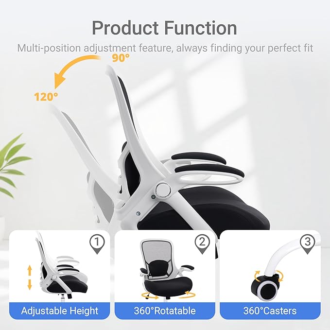 HYLONE 400lbs Heavy Duty Office Chair, 5" Thickened Seat Ergonomic Desk Chair with Adjustable Armrests, Home Office Computer Chairs for Long Hours Mesh Executive Chair(White Base&Black)