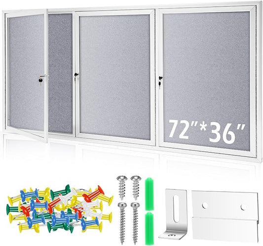 72" x 36" Enclosed Bulletin Board Outdoor 3 Door Weatherproof Tamper-Proof Enclosed Cork Board with Lock Aluminum Frame Display Case for Back to School, Office Commercial, 18xA4(Gray)