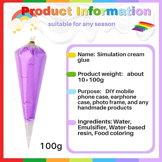 ASTRYAS 10PCS 100g Cream Glue Kit, Decoden Kit, Fake Whipped Cream Glue Clay Frosting with Decorating Tips for Crafts Handmade Phone Case Mirror Jewelry Accessories (Rainbow Theme)
