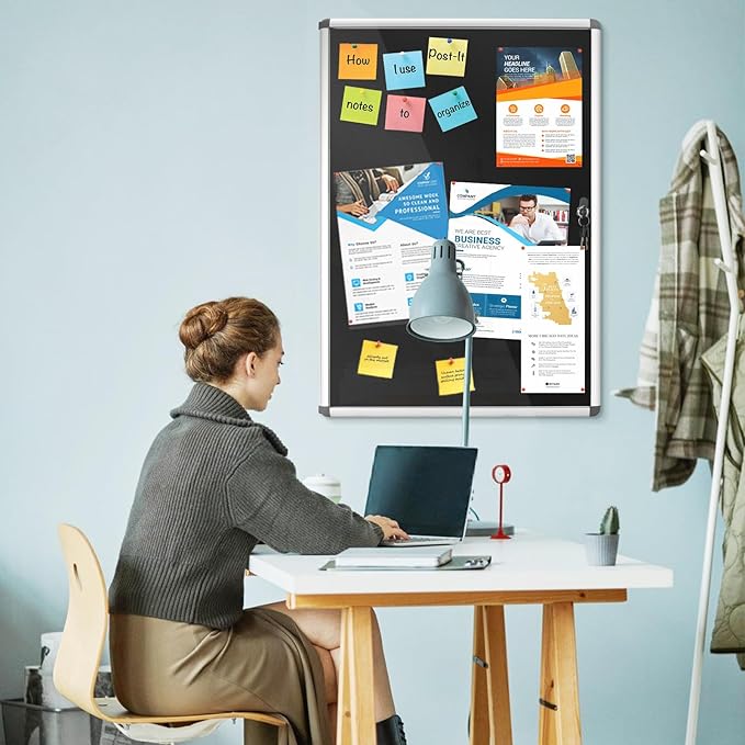 Enclosed Bulletin Board Lockable Display Case Message Board with Locking Door for Indoor, Black Felt, Silver Aluminum Frame, 26x20inch(4XA4)