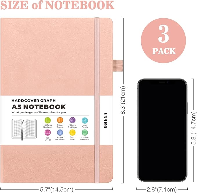 Graph Paper Notebook 3 Pack, A5 Grid Notebook Journal with Index Pages, Graph Notebook with 120gsm Paper, Leather Journal for Writing, Grid Paper Notebook for Work, School Supplies, Math,5.75" x 8.38"