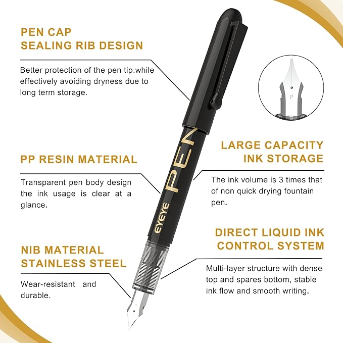 EYEYE Disposable Fountain Pens Fine Point, 4 Black 4 Blue Fountain Pens or Writing, Stainless Steel Nib, Smooth Writing for Calligraphy, Journaling, Drafting, Sketching, Doodling & Office Supplies