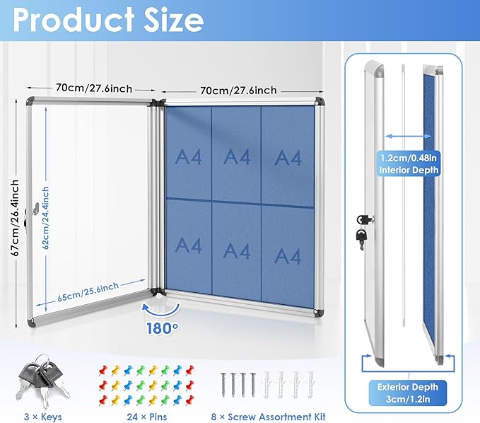 Swansea Blue Fabric Lockable Noticeboard Enclosed Pin Bulletin Board Glass Display Case for Wall Office School 6xA4