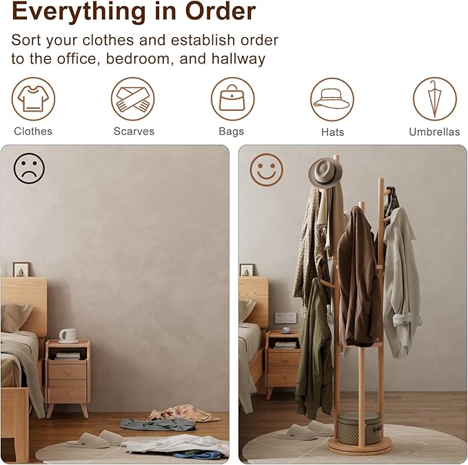 Solid Wood Rotary Coat Rack, Freestanding Coat Rack with 3 Shelves and 9 Hooks, Coat tree for Bedroom, Entryway, Livingroom, Coat Hanger Stand for Coats, Scarves, Handbags (Natural)