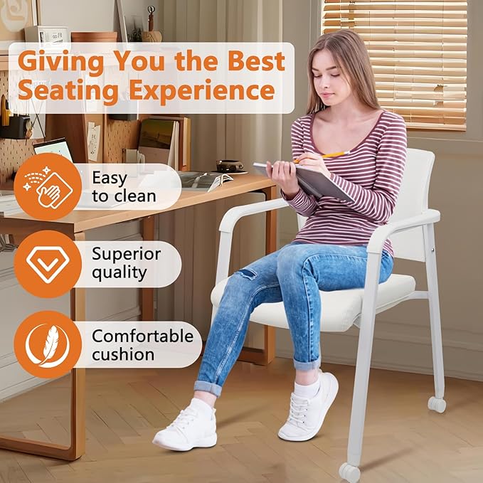 CLATINA Stacking Office Chairs with Wheels | Mesh Back, Thicken Leather Seat and Streamline Armrests, Ergonomic Lumber Support | School, Desk, Guest Reception, Waiting, Conference, White