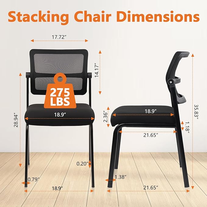 CLATINA Stacking Armless Office Waiting Room Chair with Adjustable Backrest, Stackable Mesh Guest Reception Desk Chairs with Ergonomic Lumbar Support for Home Conference Lobby Side School, Black